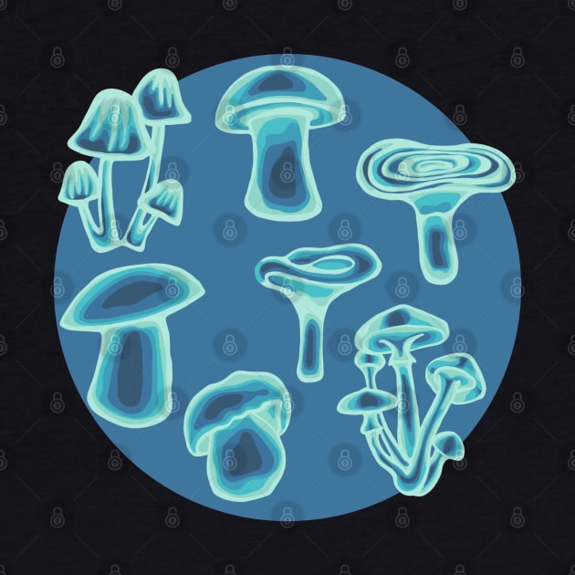 Psychedelic Teal Mushrooms Sticker Pack and All Over Print by Slightly Unhinged